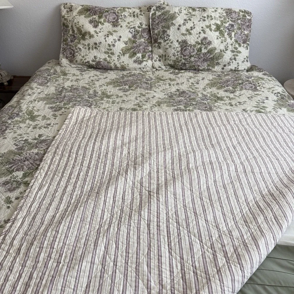 Vtg Cottagecore Quilt Full Queen Floral Shams Rose Reversible Striped Bedspread
